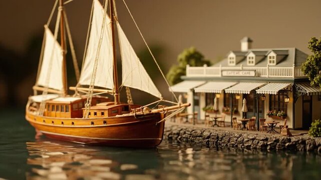 Miniature model of a wooden sailboat on water near a cafe with outdoor seating
