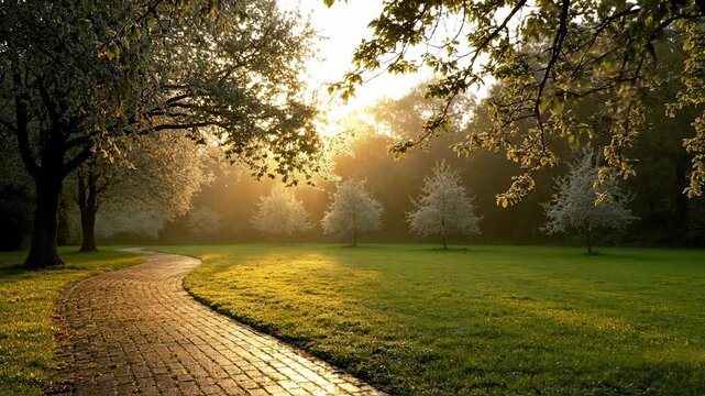 Curved brick path through park. Morning sunlight filters through tree canopy and highlights grass in golden glow. Blossom trees line walkway under warm sunrise light. Tranquil nature evokes calm.