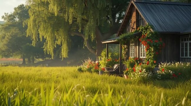 A cinematic, peaceful Azerbaijani countryside farm environment inspired by Country Life Vlog. A large wooden cottage with a gray metal sloped roof and a small brick chimney sits partially visible in t