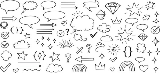 A collection of various doodles and icons, including stars, clouds, and speech bubbles, presented in a black and white illustration.