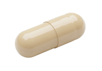 Single beige medical capsule pill isolated on grey background for healthcare pharmaceutical industry wellness and antibiotic medicine treatment