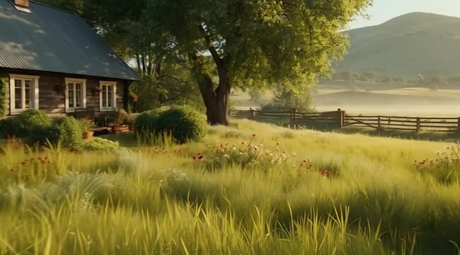 A cinematic, peaceful Azerbaijani countryside farm environment inspired by Country Life Vlog. A large wooden cottage with a gray metal sloped roof and a small brick chimney sits partially visible in t