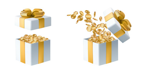 Gift box full of money, golden 3d coin award floating. Rich present concept, cash bonus vector. Win lottery jackpot. Invest fund, get profit of bank percent. Deposit income, finance investment revenue