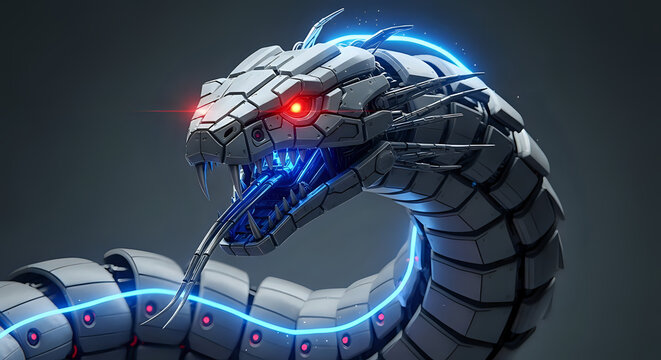 Futuristic robotic snake head with glowing red eyes and mechanical body parts