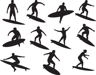 Collection of dynamic surfing silhouettes capturing the thrill of ocean waves and athleticism