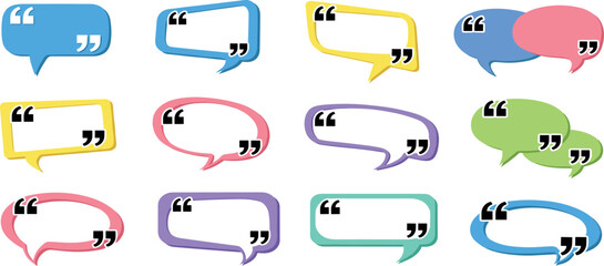 Multicolored speech bubbles with quotation marks arranged in a grid pattern on a white background