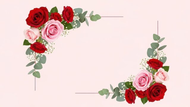 Red and pink rose corner border with eucalyptus leaves on pink background