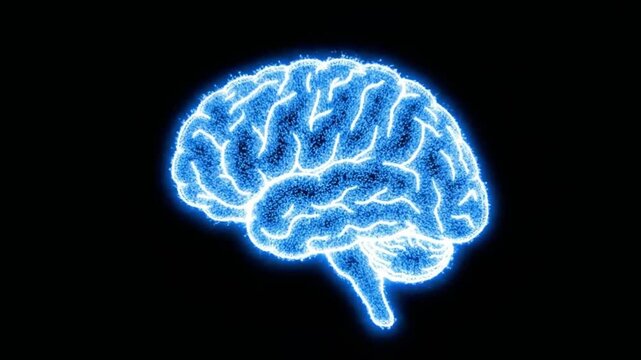 Abstract glowing blue brain with energy particles in dark space.