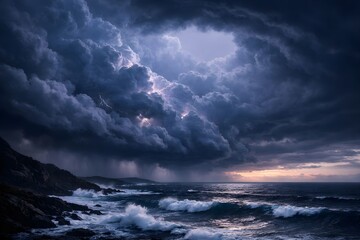 Obraz premium A majestic and powerful thunderstorm with lightning strikes looming over a turbulent ocean.