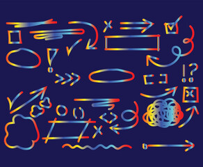 Colorful abstract symbols and punctuation marks on dark blue background