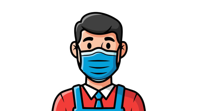 Cartoon man wearing blue medical mask and red shirt with blue straps standing against white background