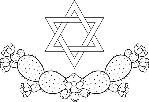 Jewish star of David with prickly pear cactus decoration, outline clip art