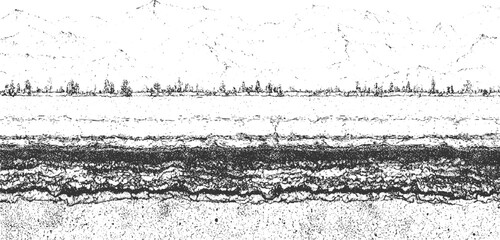 Black and white textured landscape with mountains trees and water