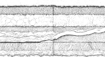Black and white cross section of geological strata with varied textures and patterns geology layers