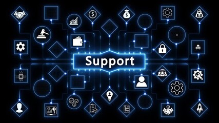 Digital Support interface with data analytics charts graphs and icons for business technology and finance concepts. 4k motion video. isolated on transparent background. - Powered by Adobe