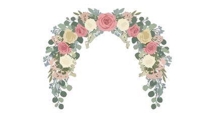 Floral archway adorned with roses and eucalyptus leaves in a serene garden setting illustration