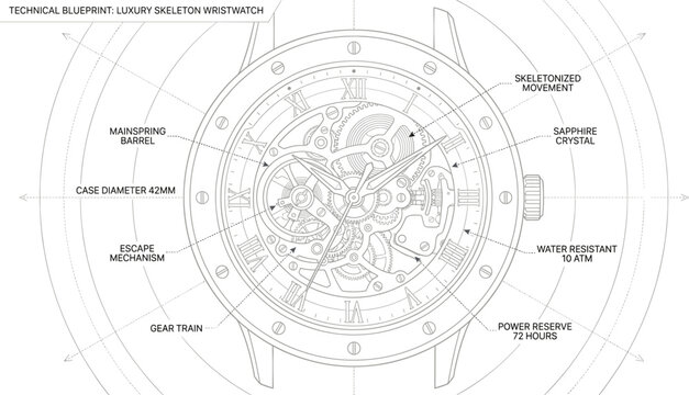 Technical blueprint of luxury skeleton wristwatch with labeled mechanical components and specifications in detailed schematic style