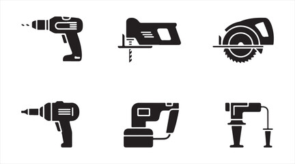 Electric power tools silhouette icon set including drill, jigsaw, and circular saw for building, repair, and DIY projects