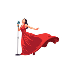 Elegant Woman in Red Dress Singing into Vintage Microphone.