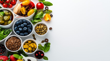 Healthy Mediterranean Diet Assortment with Fresh Vegetables, Berries, and Grains on Dark Background