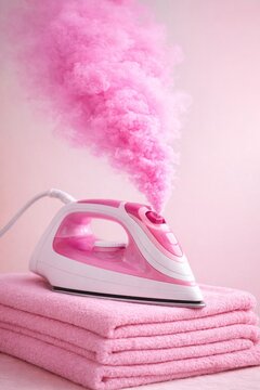 Modern Pink Steam Iron with Creative Colored Steam on Soft Pastel Background