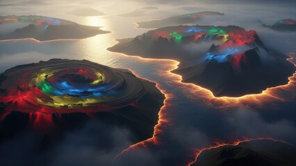 Spectacular volcanic landscape with glowing lava and colorful eruptions under a moody sky