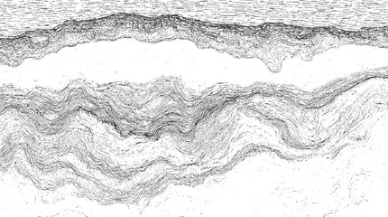 Black and white abstract line depicting geological strata and wavy patterns
