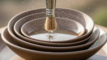 Stacked ceramic mixing bowls with a pastry brush and splashing water artfully arranged for