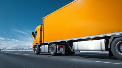Yellow cargo truck driving on an open highway in winter landscape, showing long distance transport, commercial delivery, and efficient logistics in motion