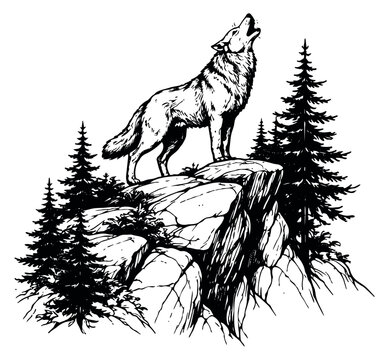 Hand drawn line art illustration of a wolf depicting howling on a rocky cliff surrounded by pine trees for nature and wilderness concepts