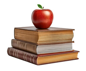Stack of antique books with red apple isolated on a transparent background