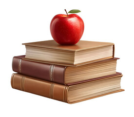 Stack of books with red apple isolated on a transparent background