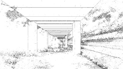 Black and white of an underpass with overgrown vegetation monochrome outline © Towhidul