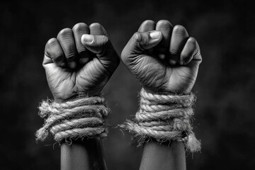 Hands Bound with Rope in Black and White: Symbol of Struggle and Resilience