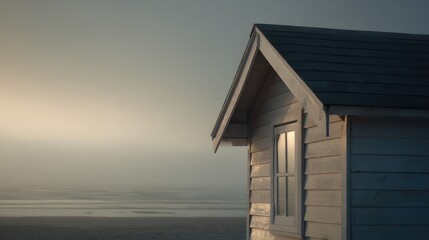 Simple beach hut with gabled roof and shiplap siding ambient light from foggy morning creating low contrast scene