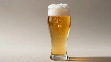 Glass of beer with frothy head and bubbles