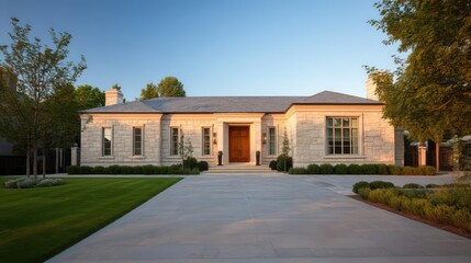 Obraz premium Single story suburban residence with pale stone fasade symmetrical windows and centered wooden door driveway paved neatly with