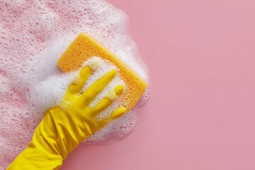 Cleaning scene with yellow glove and sponge on pink surface with bubbles and soap suds
