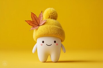 Cute Tooth Mascot with Yellow Knit Hat and Autumn Leaf on Bright Yellow Background