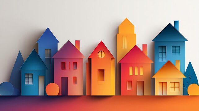 Colorful paper cutout houses in a row, casting shadows, with a gradient background, for housing concepts
