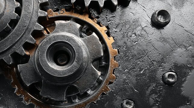 A close-up view of a rusty gear and cog system with bolts on a metal surface