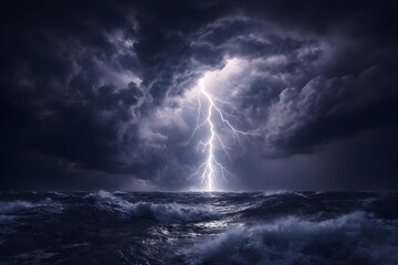 Fototapeta premium Powerful lightning bolt strikes the dark, turbulent ocean during a dramatic nighttime thunderstorm.