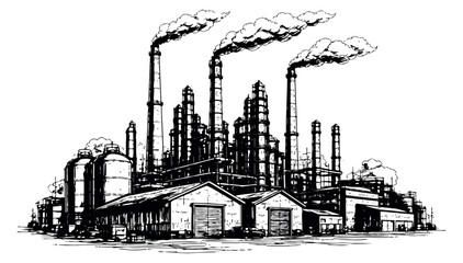 Fototapeta premium Hand drawn line art illustration of an industrial factory depicting smoke from chimneys for manufacturing