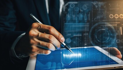 Business Professional Analyzing Digital Data on Tablet with Futuristic Interface