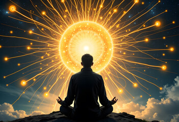 Spiritual meditation silhouette with expanding golden cosmic energy
