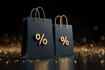 Elegant Black Shopping Bags with Gold Percent Signs Amidst Sparkling Lights