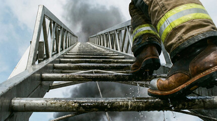 Firefighter climbing ladder into smoke during emergency operation