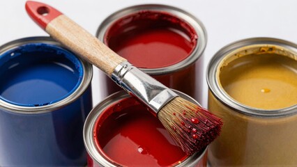 Paintbrush with red paint on blue red brown paint jars