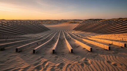 Sunset Over Deserted Themed Outdoor Amphitheater with Wooden Seating