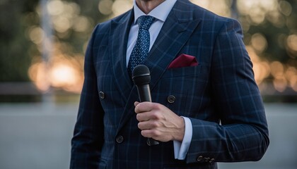 Man in Suit Holding Microphone at Event
